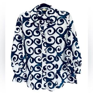 Foxroft Navy & White Swirl Pattern Button down Shirt 3/4 Sleeves